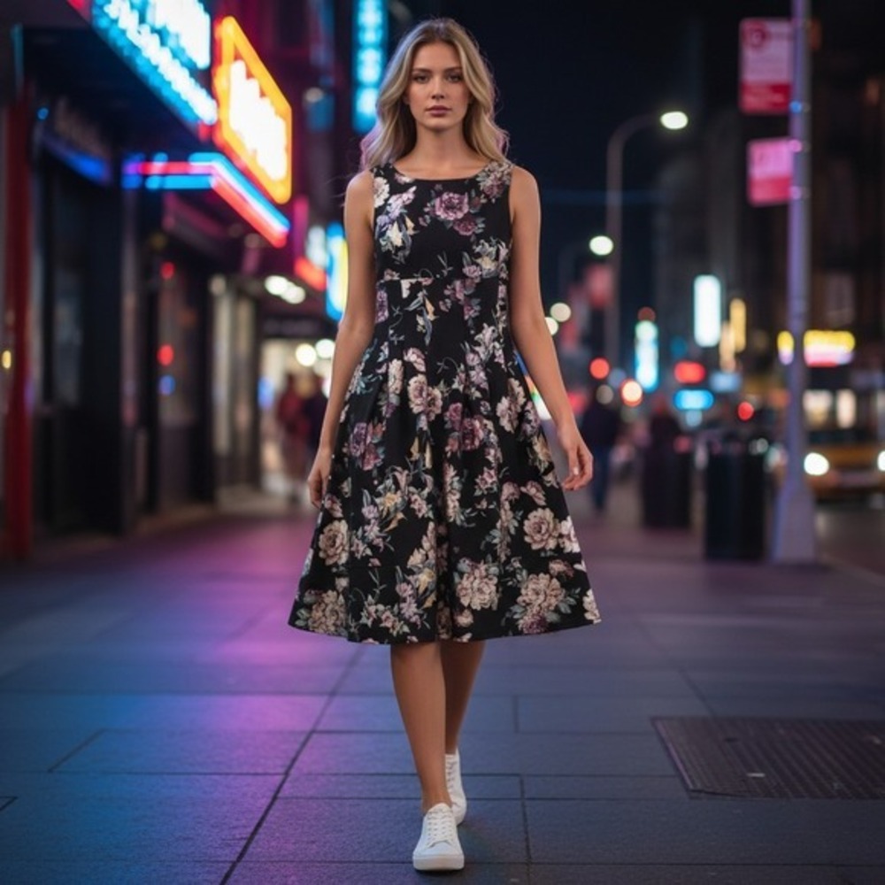 Enfocus Studio Women Black Floral Fit and Flare Cocktail Dress Size 4 11430